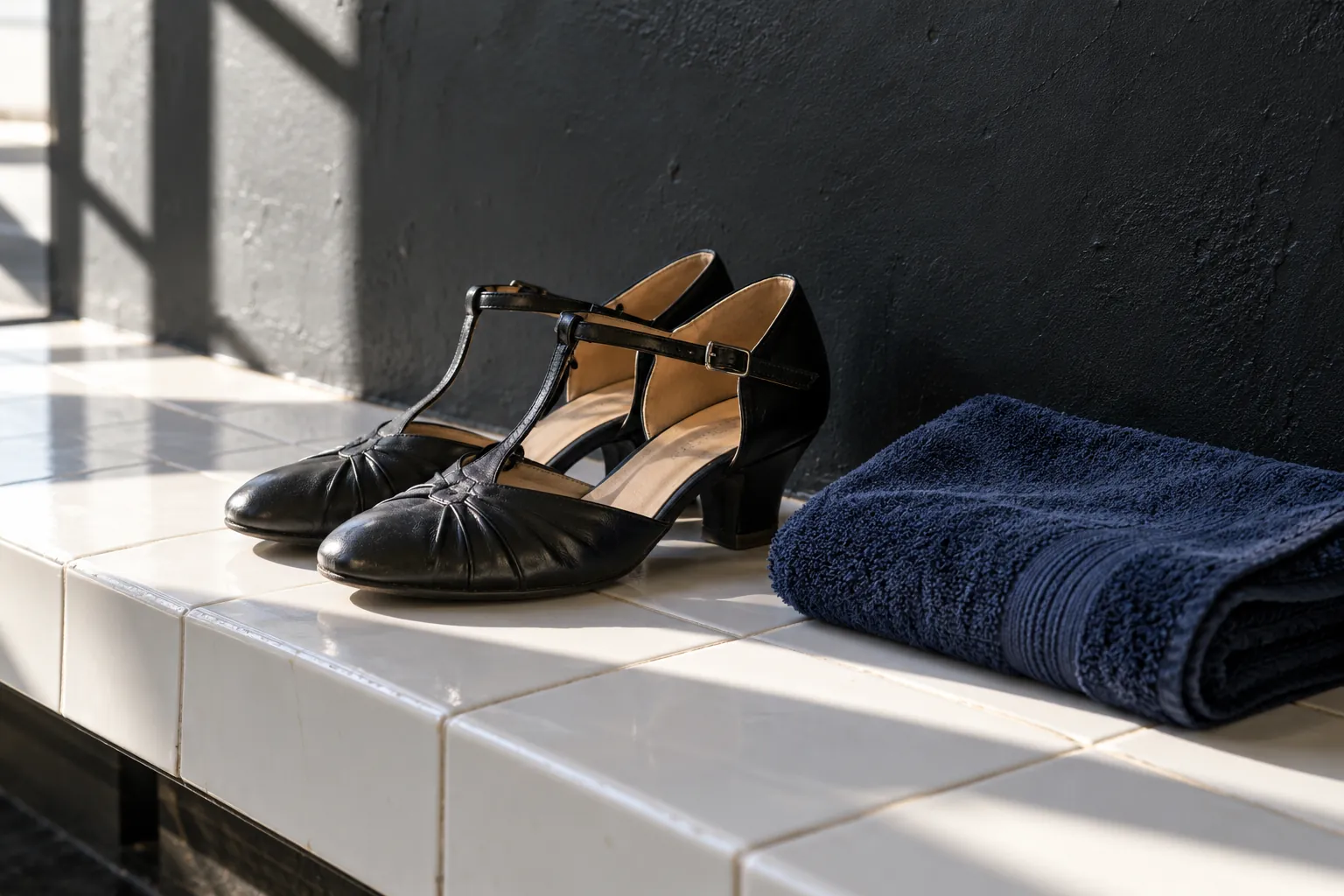 Illustration: Plain partner-dance shoes and a folded navy towel rest on a white-tiled bench beside a matte black studio wall, with hard window light and a close crop.