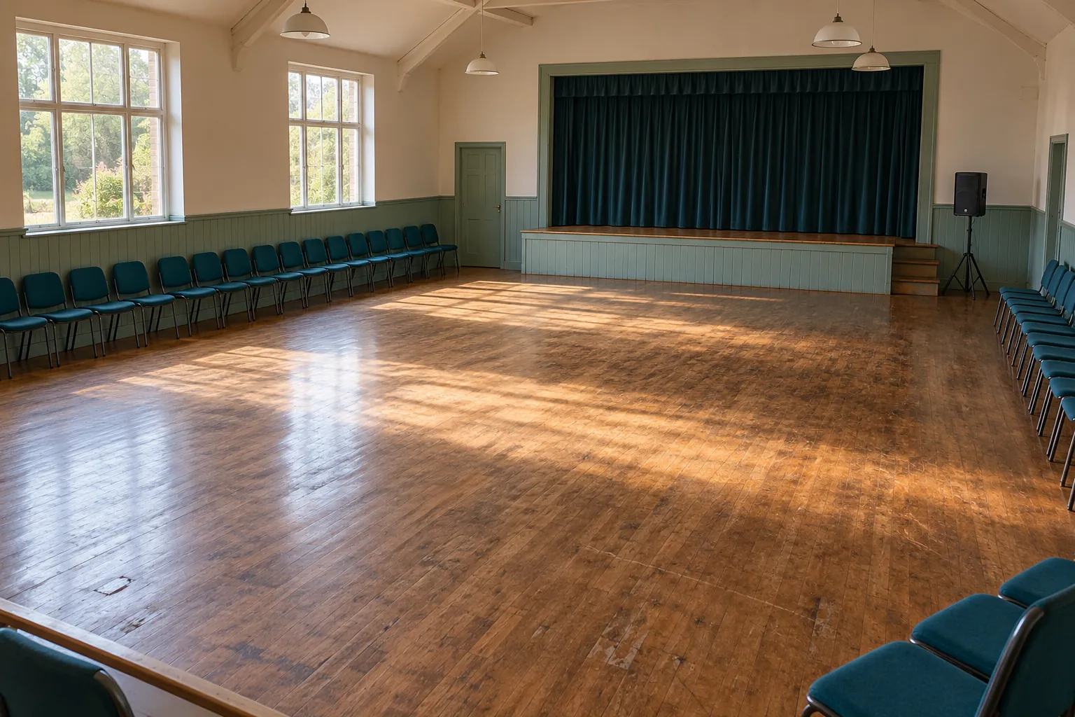 Illustration: An empty neighborhood hall has a broad worn wood dance floor, teal perimeter chairs and a compact speaker, shown wide from an elevated corner.