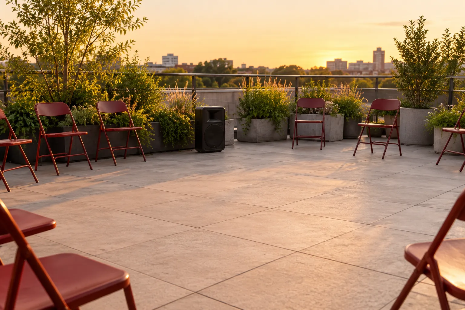 Illustration: A clear square of smooth pale rooftop paving forms a casual dance space bordered by red folding chairs and small planters, with a plain portable speaker.