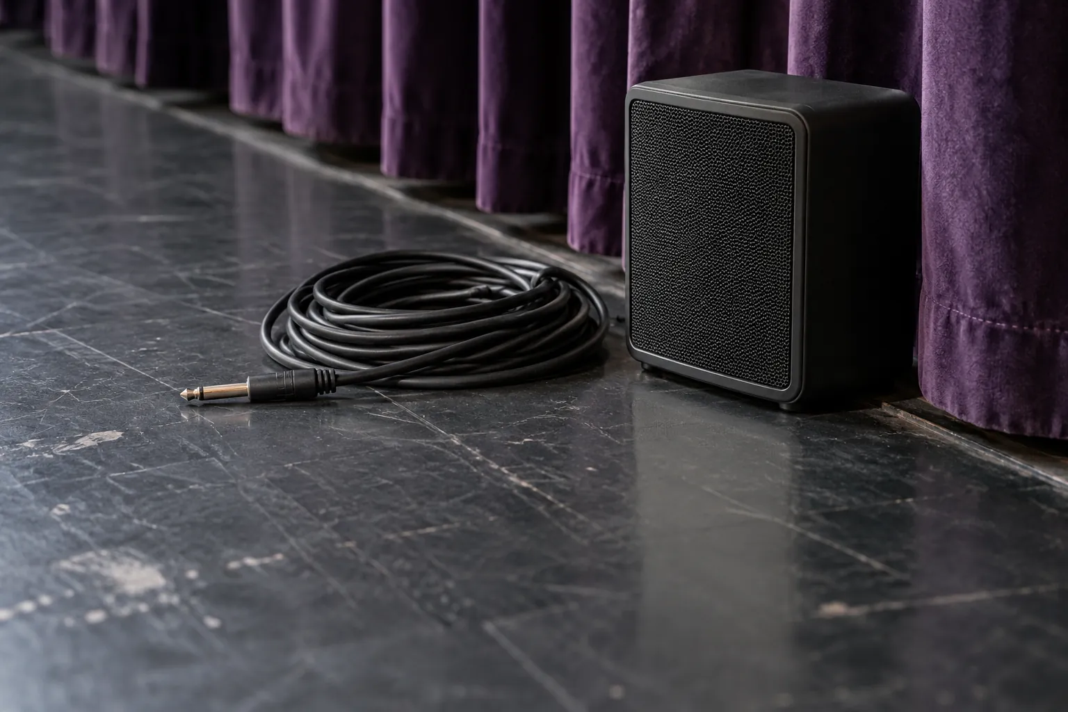 Illustration: A coiled audio cable and compact unbranded speaker sit safely along the perimeter of a charcoal dance floor beside violet curtains, photographed low and close.