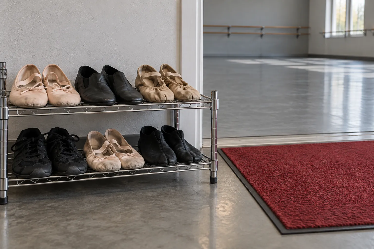 Illustration: Varied plain soft dance shoes rest on a low wire rack beside a red entrance mat and empty gray practice room, photographed frontally at knee height.