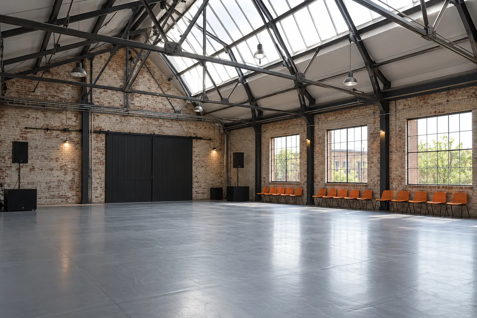 Illustration: An empty converted warehouse has a clean sprung dance floor, black sound equipment at the perimeter and orange chairs, shown wide under industrial skylights.