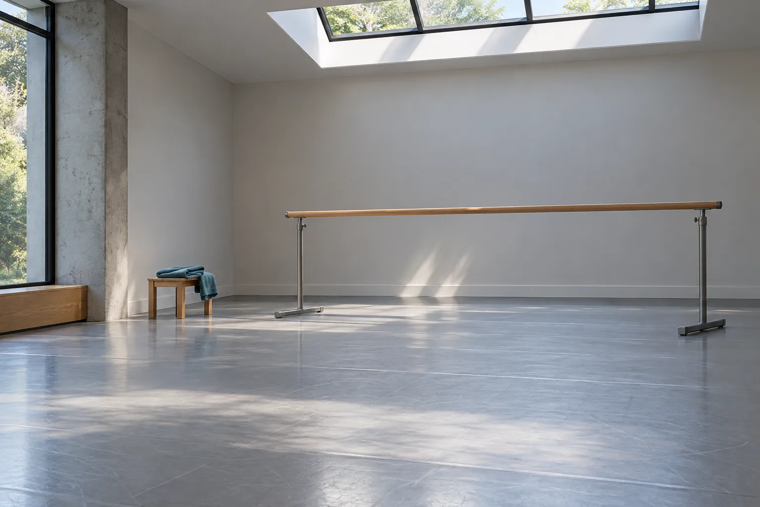 Illustration: A clear matte gray dance floor lies beneath a narrow skylight beside a plain freestanding practice barre, with a folded teal towel on a low stool, shown wide.
