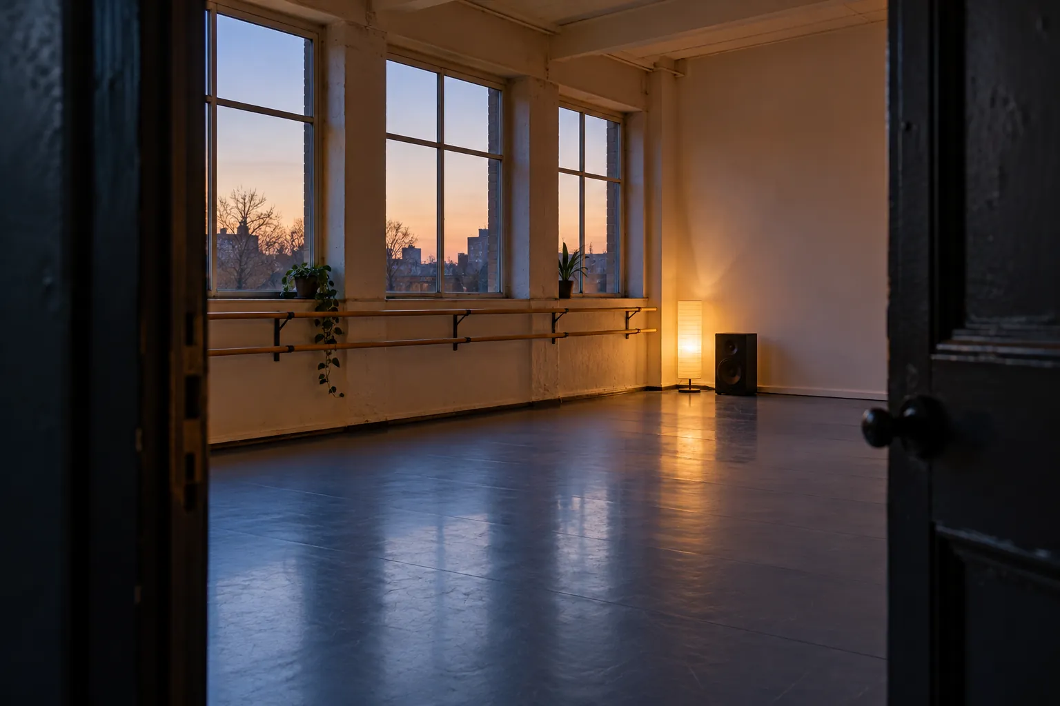 Illustration: A small empty movement studio has a blue-gray floor, a low warm wall lamp and a plain speaker in one corner, shown wide through an open dark doorway.