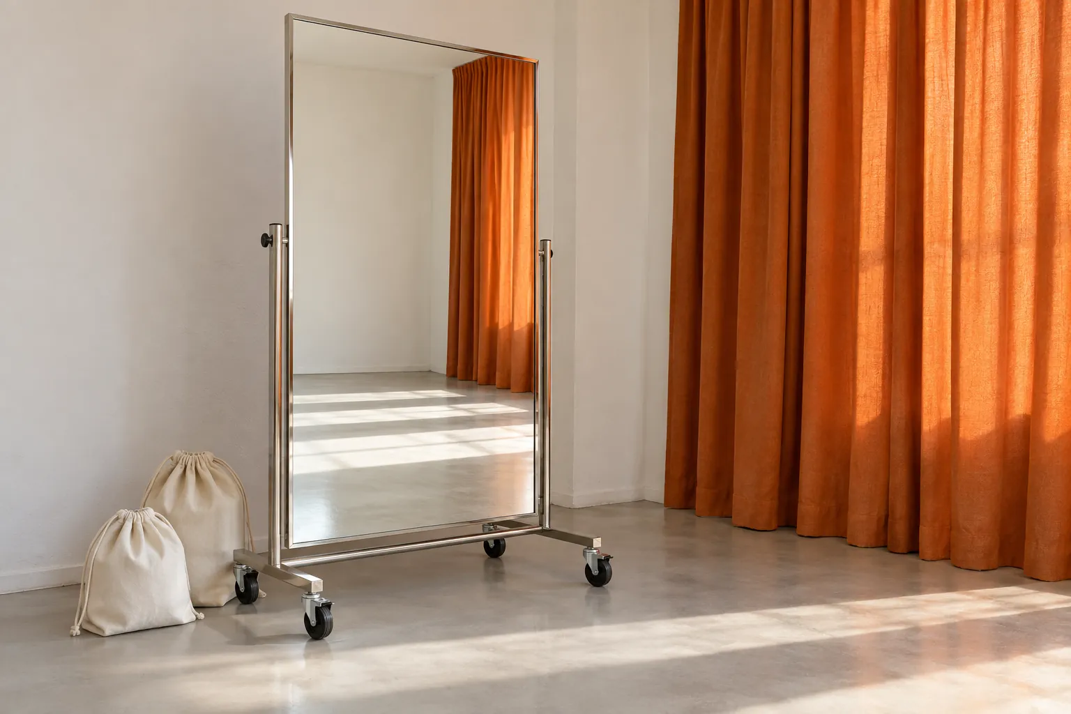 Illustration: A wheeled practice mirror reflects only an empty pale studio and orange curtain, with plain shoe bags beside its sturdy metal base, viewed obliquely.