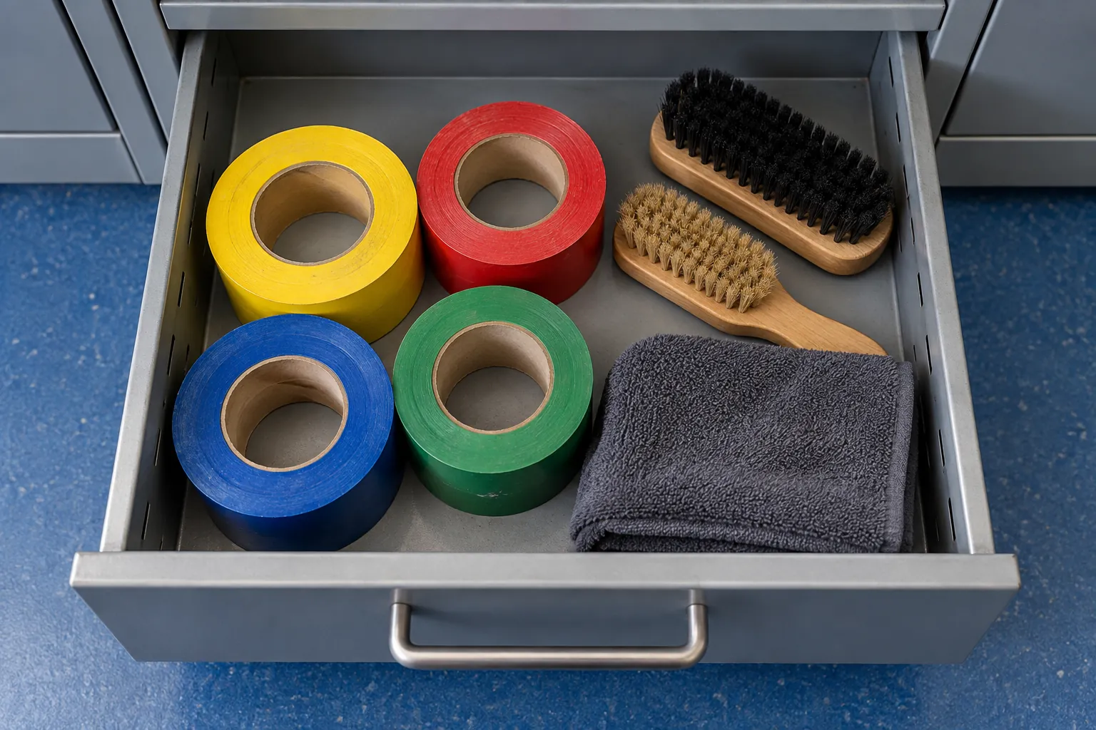 Illustration: Rolls of plain colored floor-marking tape, soft shoe brushes and a folded towel lie in an open gray metal drawer against a blue changing-room floor, seen overhead.