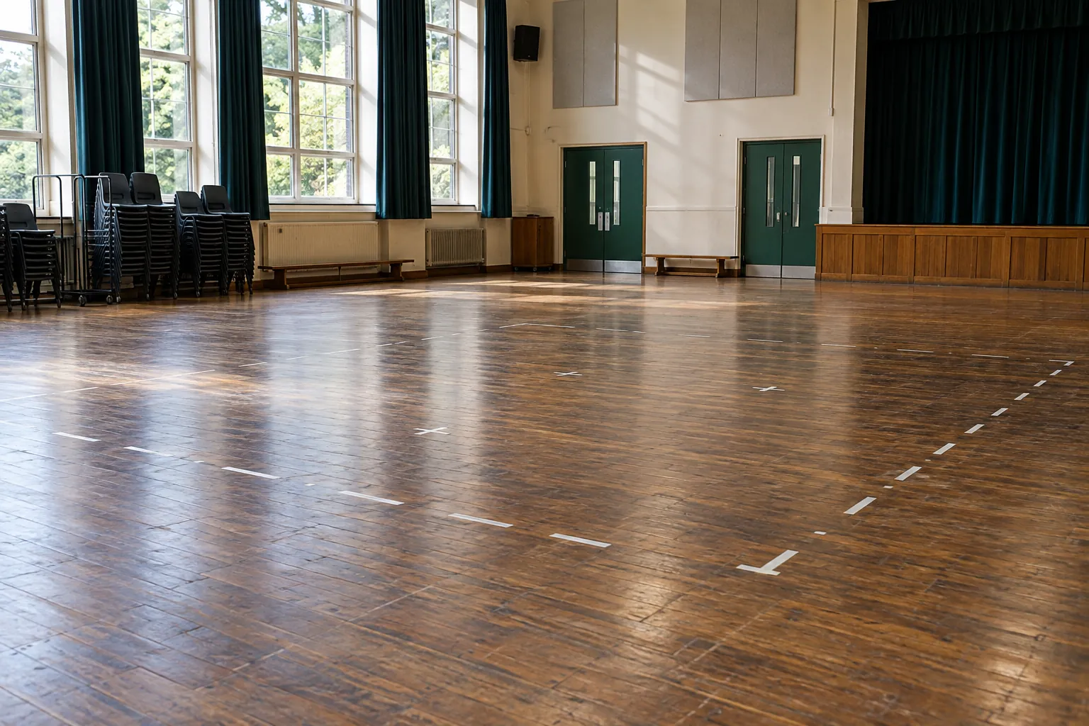 Illustration: An empty school hall has a clean marked rehearsal area made with short removable tape strips on a worn floor, with stacked chairs and green doors, shown wide.