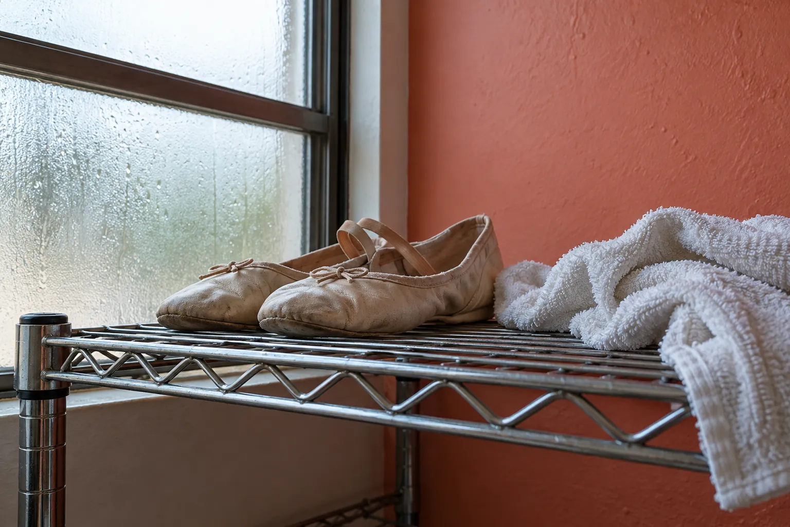 Illustration: Plain dance shoes and a damp towel rest on a steel mesh shelf beside a frosted window and coral painted wall, photographed from below the shelf line.