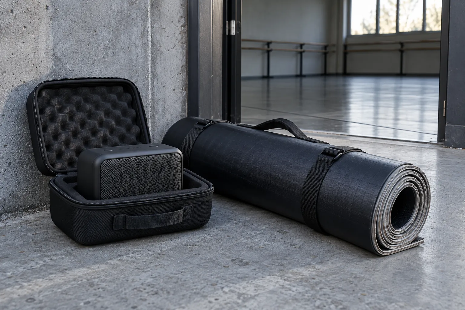 Illustration: A compact unbranded speaker in an open padded case sits beside a rolled portable dance-floor strip at a concrete rehearsal entrance, shown low in cool morning light.