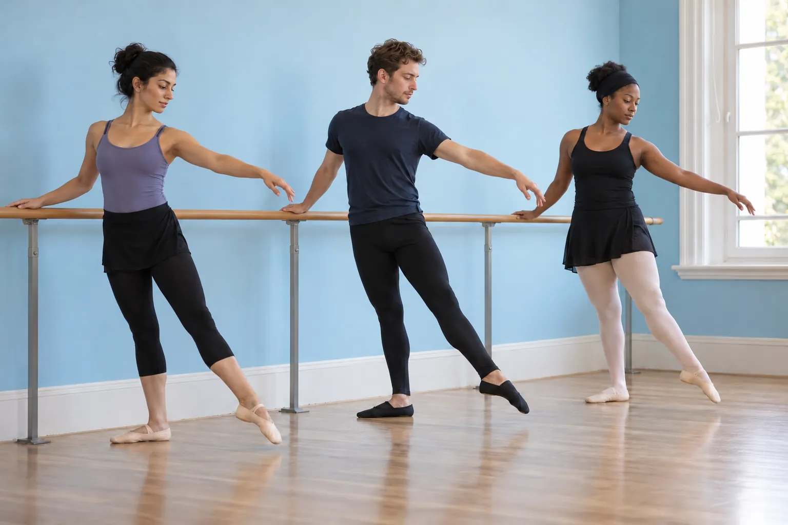Illustration: Three adult ballet learners practice a modest tendu beside a sturdy studio barre, with realistic foot placement and balanced posture.