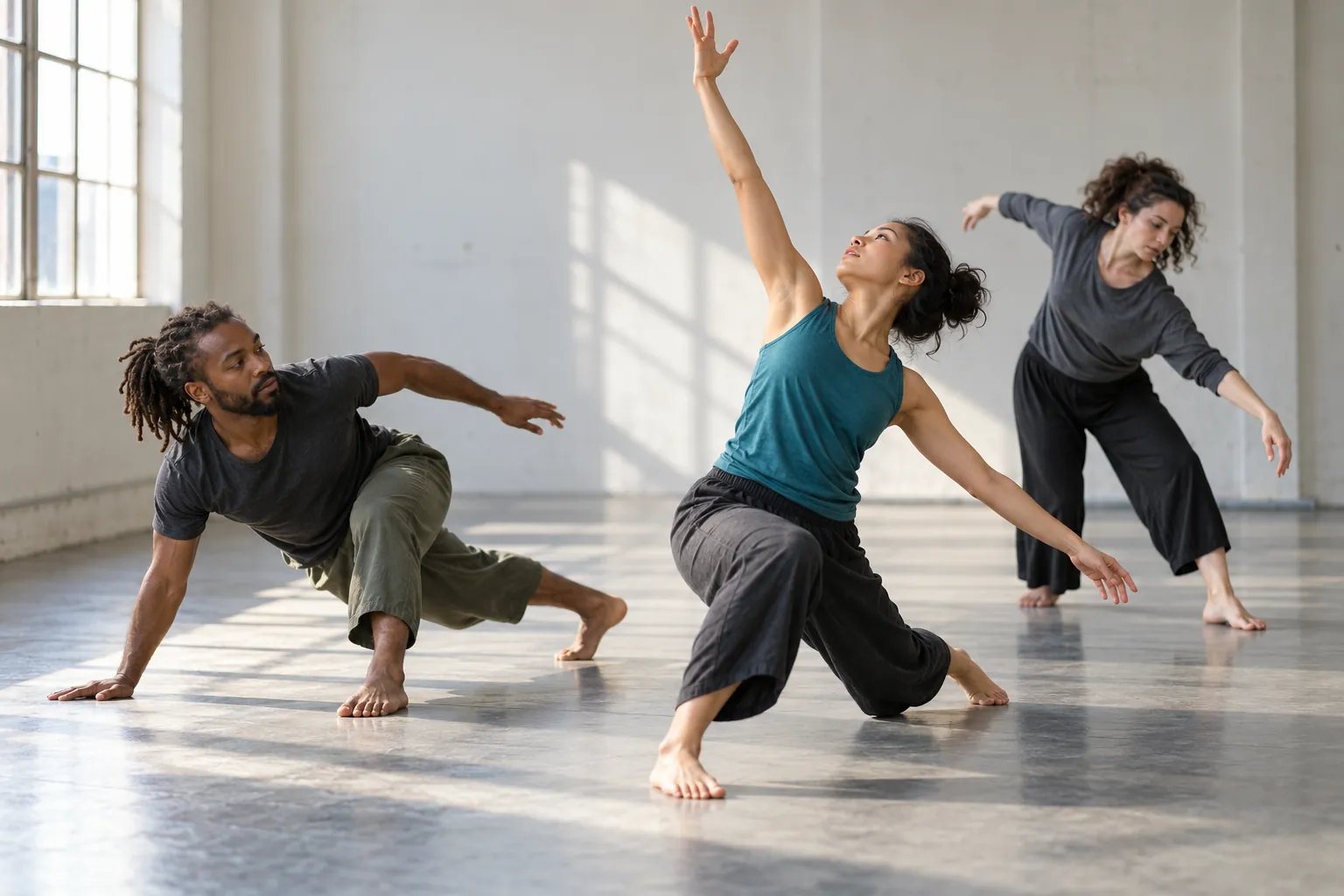 Illustration: Three adults rehearse a contemporary movement phrase on a plain studio floor, one reaching upward while another moves into a low balanced pose.