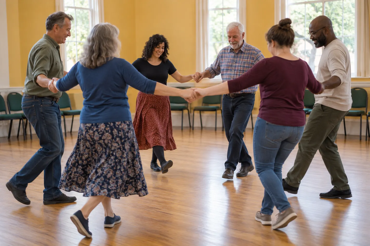 Illustration: Six adults rehearse a simple folk-dance circle in ordinary casual clothing inside a bright neighborhood hall.