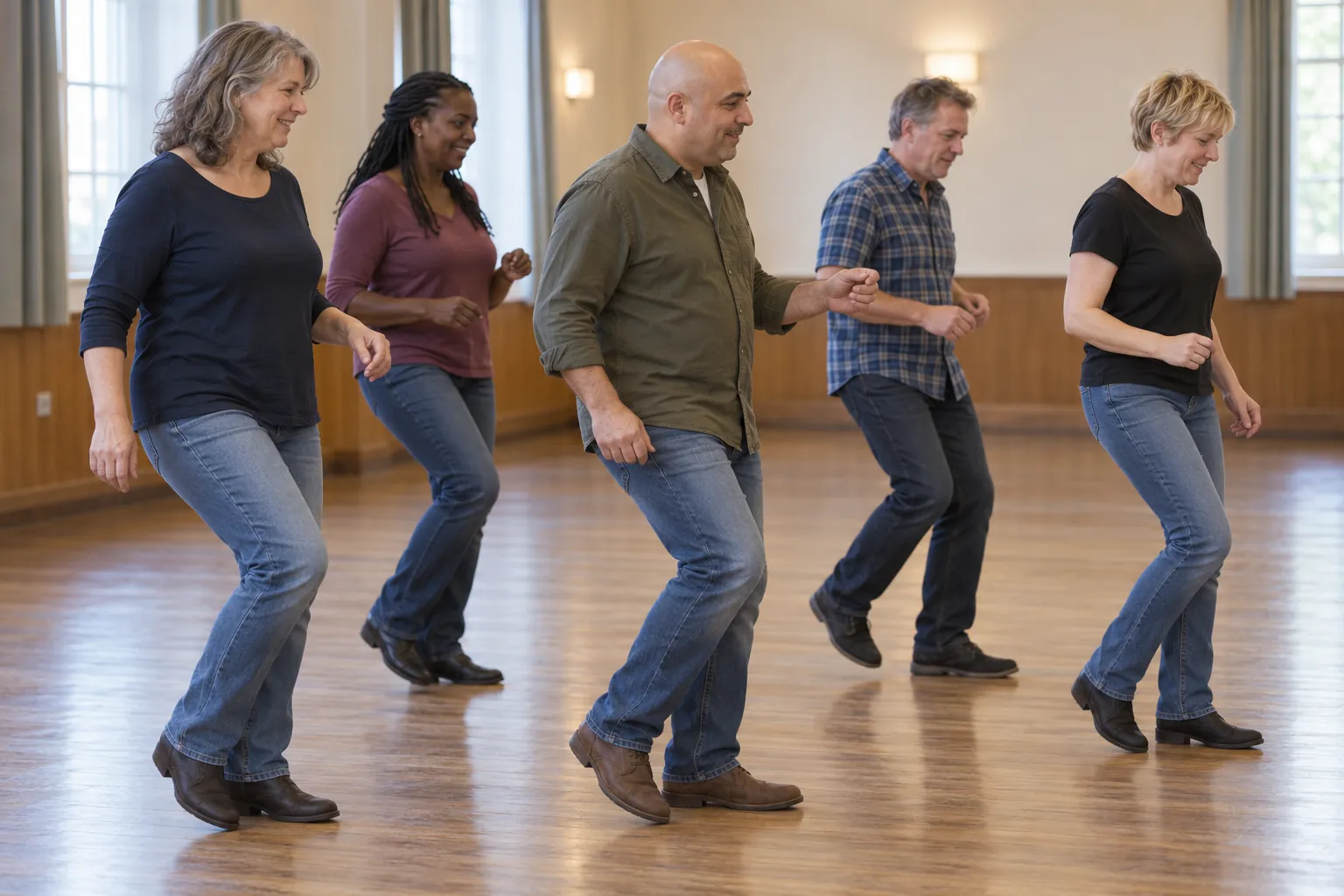 Illustration: Five adults aged 30 to 65 rehearse a simple line-dance step in two staggered rows in a community hall.