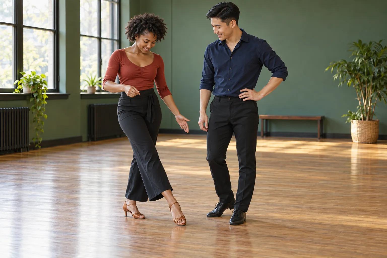 Illustration: Two young adults in their 20s pause during partner-dance practice in a bright studio.