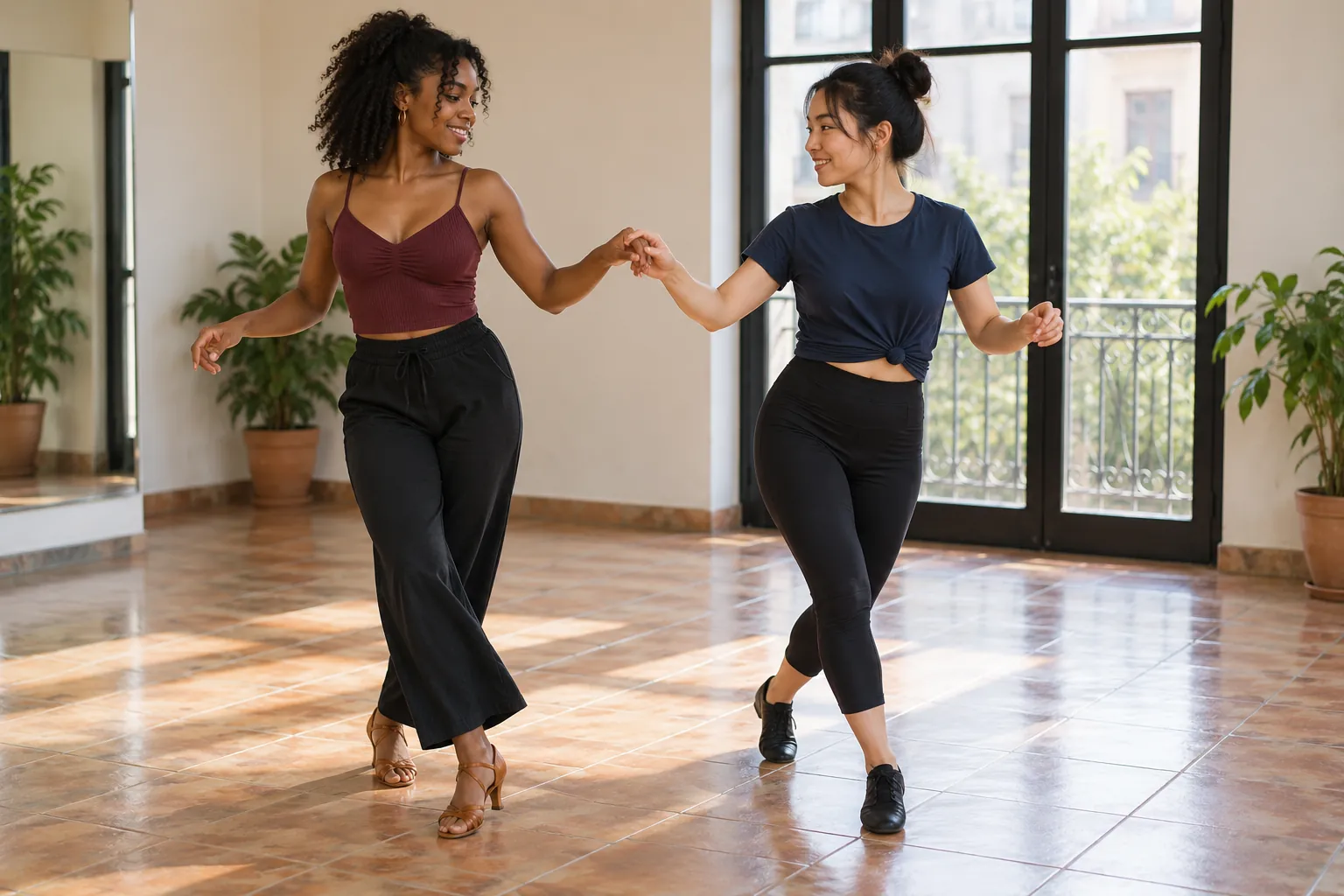 Illustration: Two young women in their 20s rehearse a salsa step in a bright room.