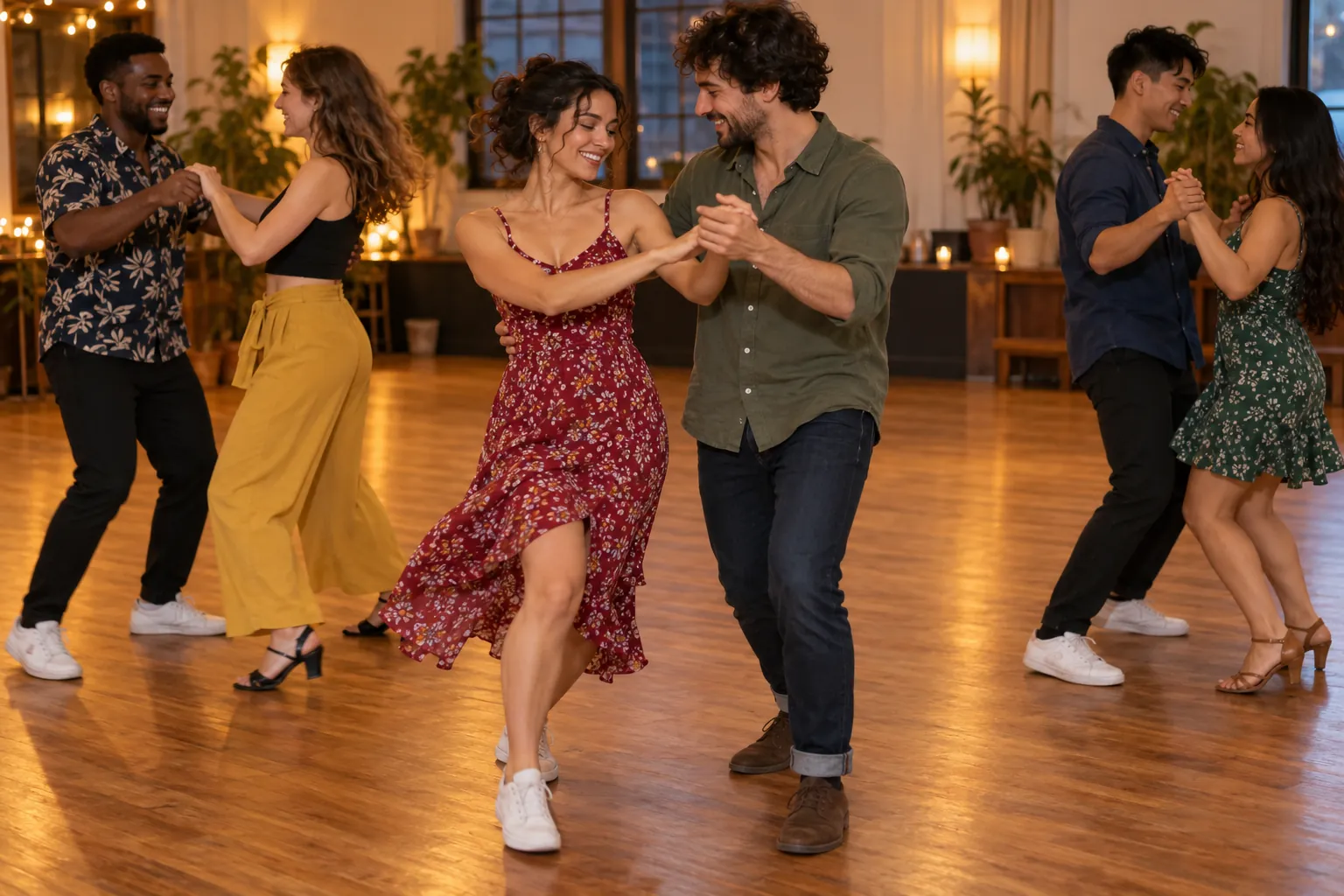 Illustration: Six young adults dance casually in three pairs at an informal community social.