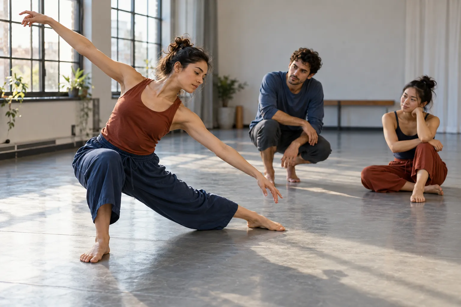 Illustration: A young dancer practices a grounded solo movement while two classmates observe.