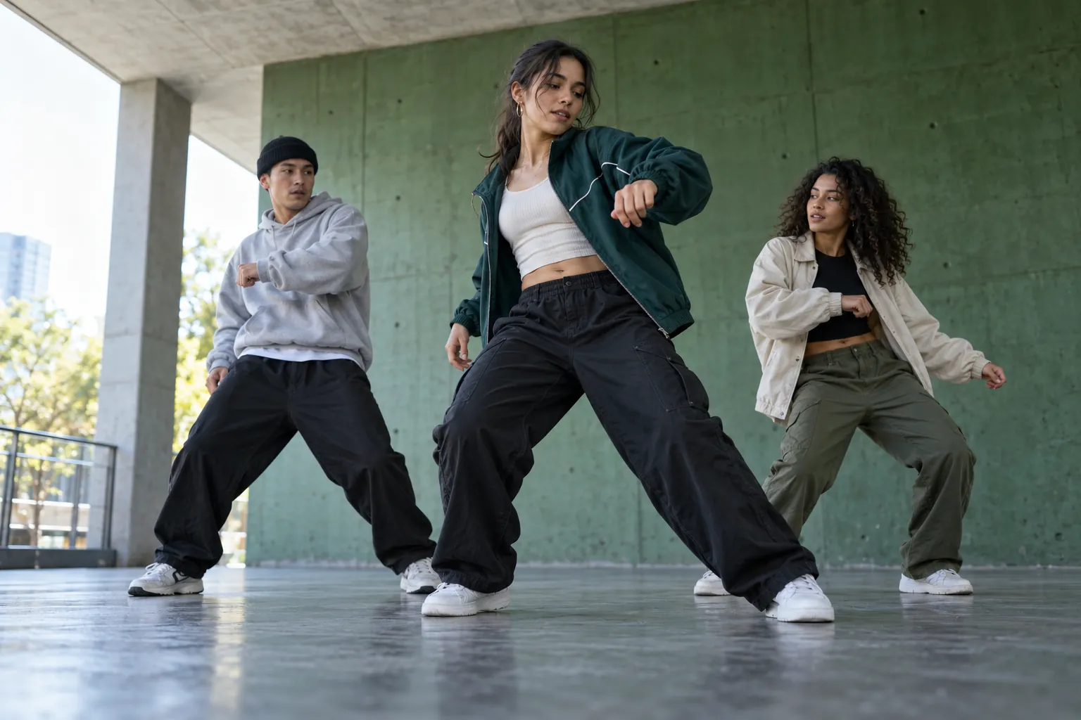 Illustration: Three young adults rehearse a relaxed street-dance sequence in a sheltered practice area.