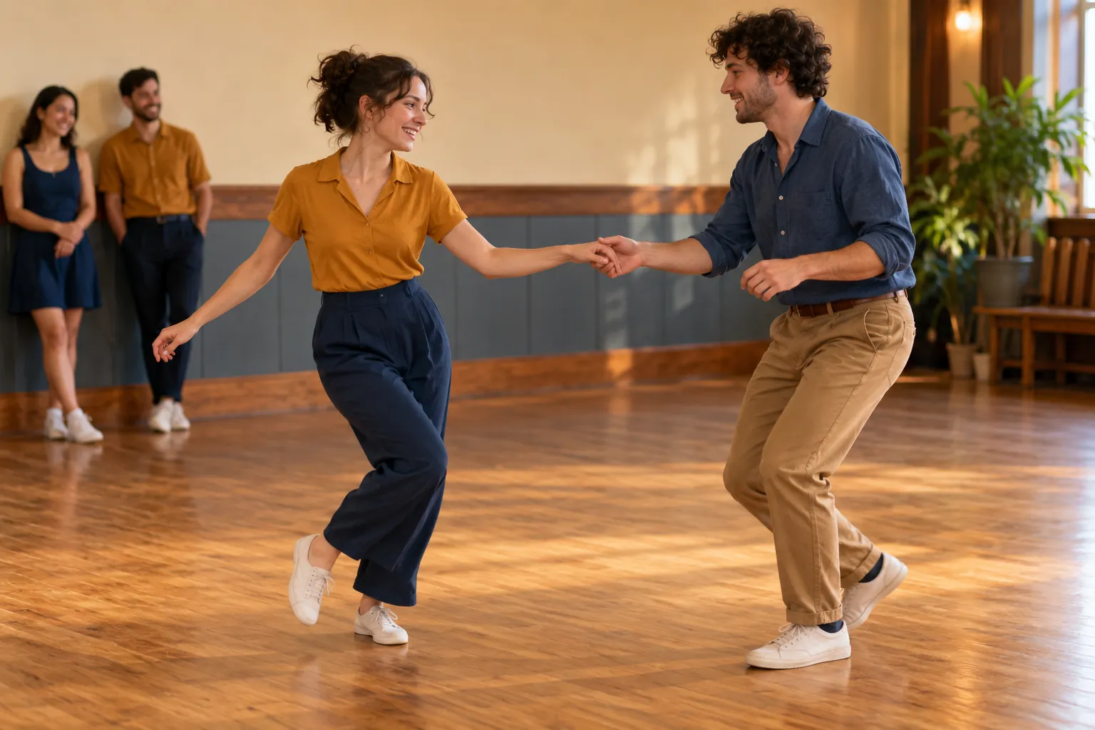 Illustration: Two young adults practice a swing-dance step while another pair waits nearby.