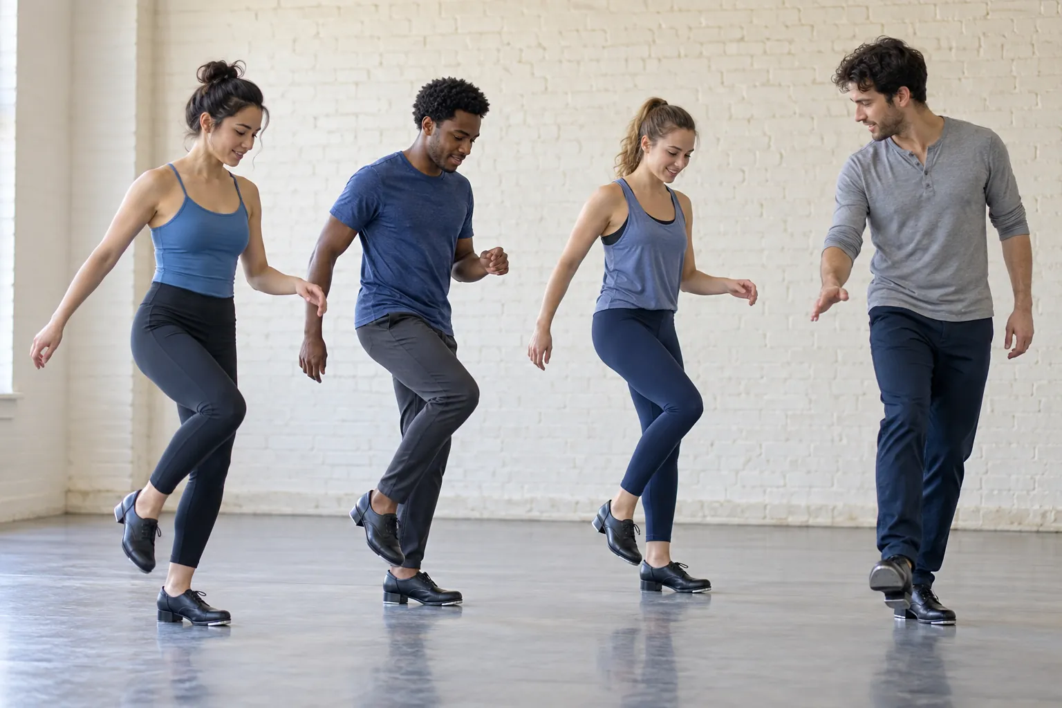 Illustration: Young adults practice a simple tap step together in a bright studio.