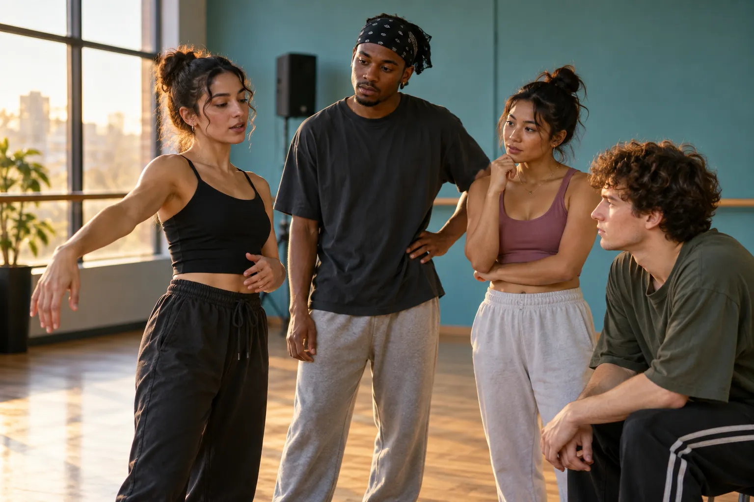 Illustration: Four young adults discuss a dance practice phrase in a studio.