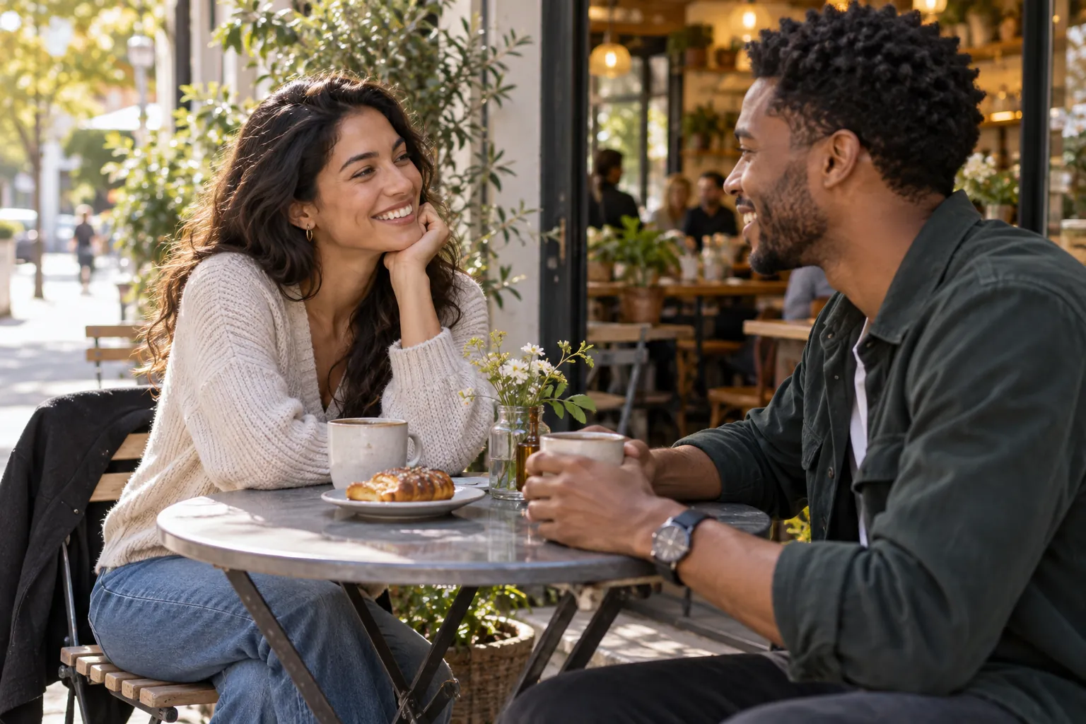 Illustration: Two young adults in their 20s smile in conversation over coffee at a bright outdoor cafe table.