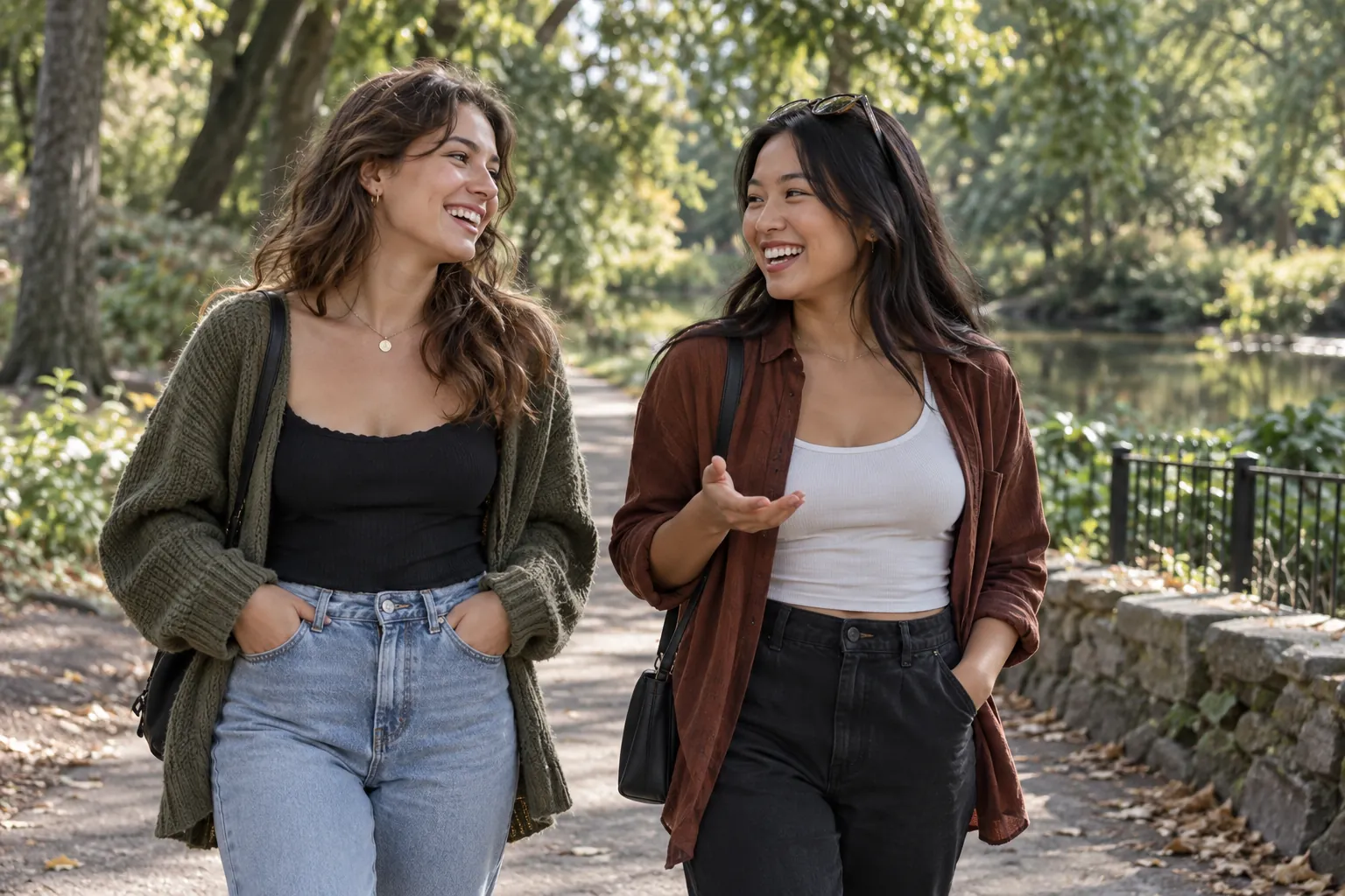 Illustration: Two young adult women walk together through a leafy park, laughing and chatting on a casual date.