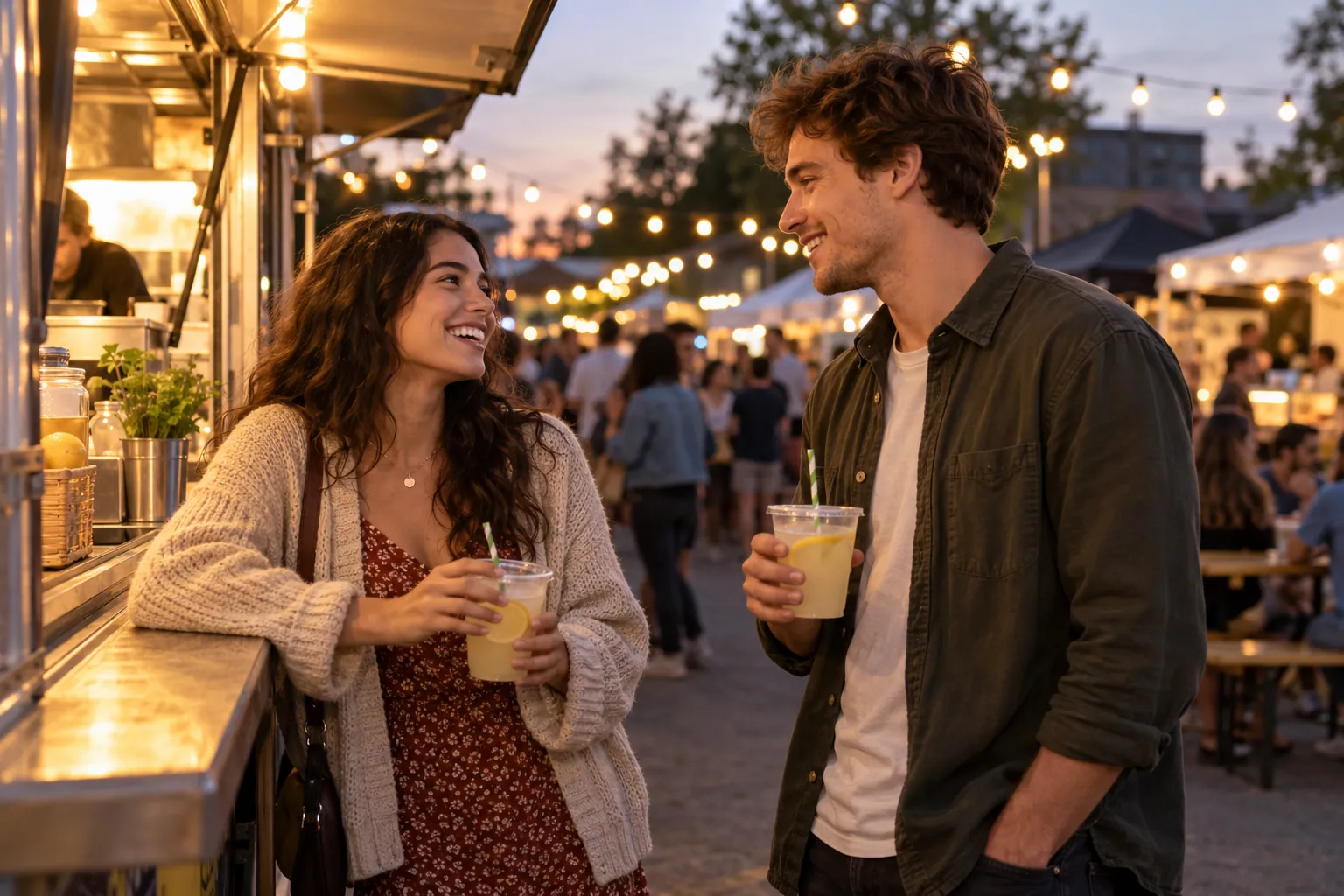 Illustration: Two young adults smile and chat over lemonade at a lively outdoor food market in the evening.