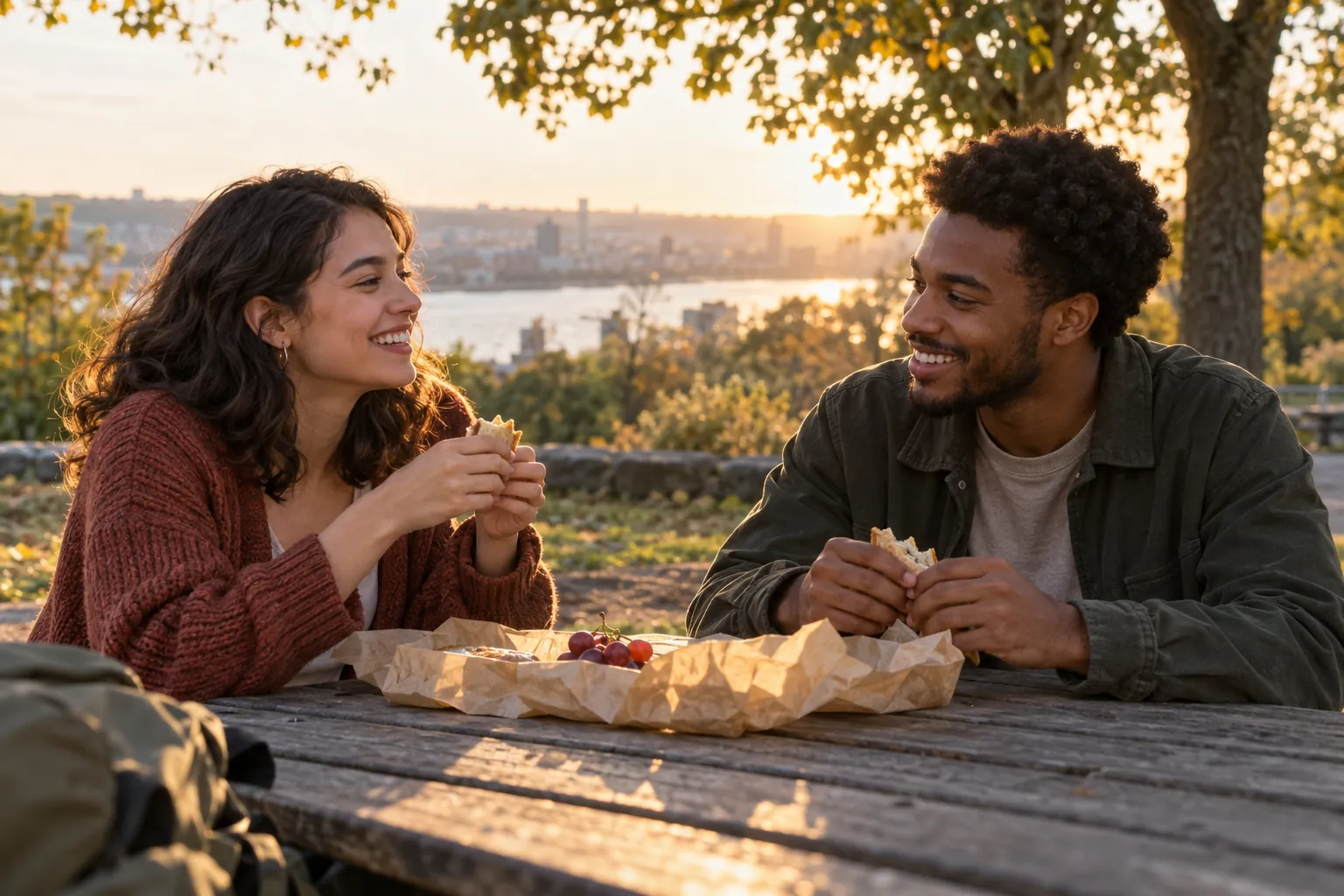 Illustration: Two young adults share snacks at a park picnic table in warm late afternoon light.