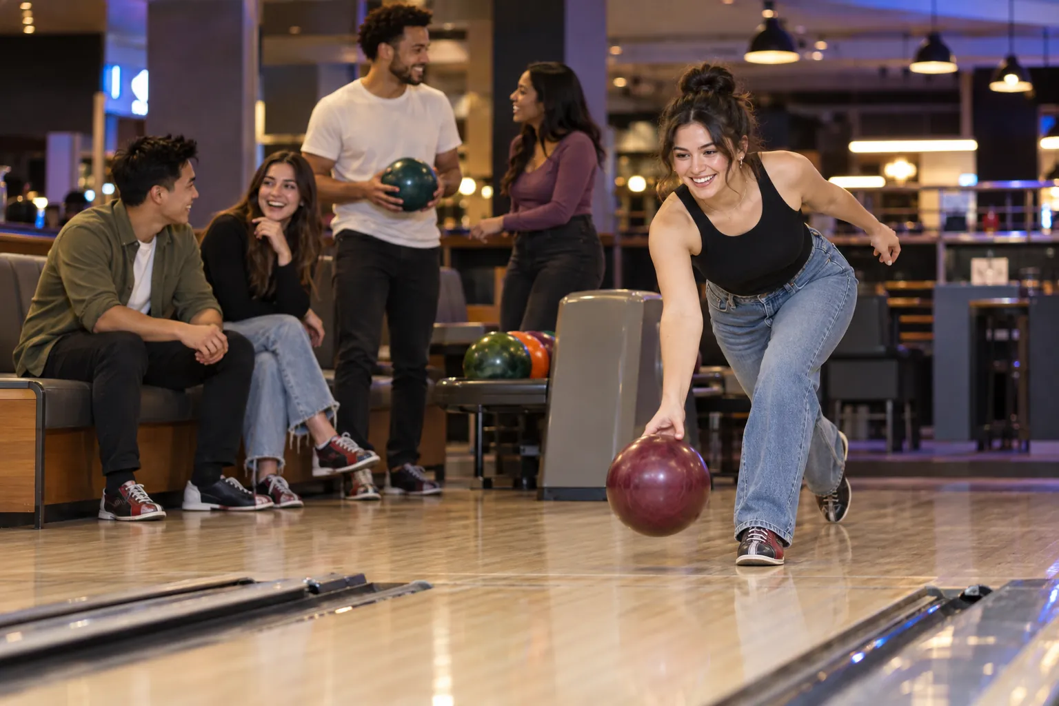 Illustration: Young adults enjoy a bowling social as a woman rolls a plain bowling ball and friends chat between turns.