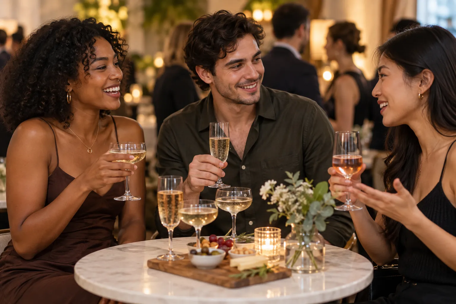 Illustration: Young adults share a relaxed conversation over drinks at a casual tasting event.