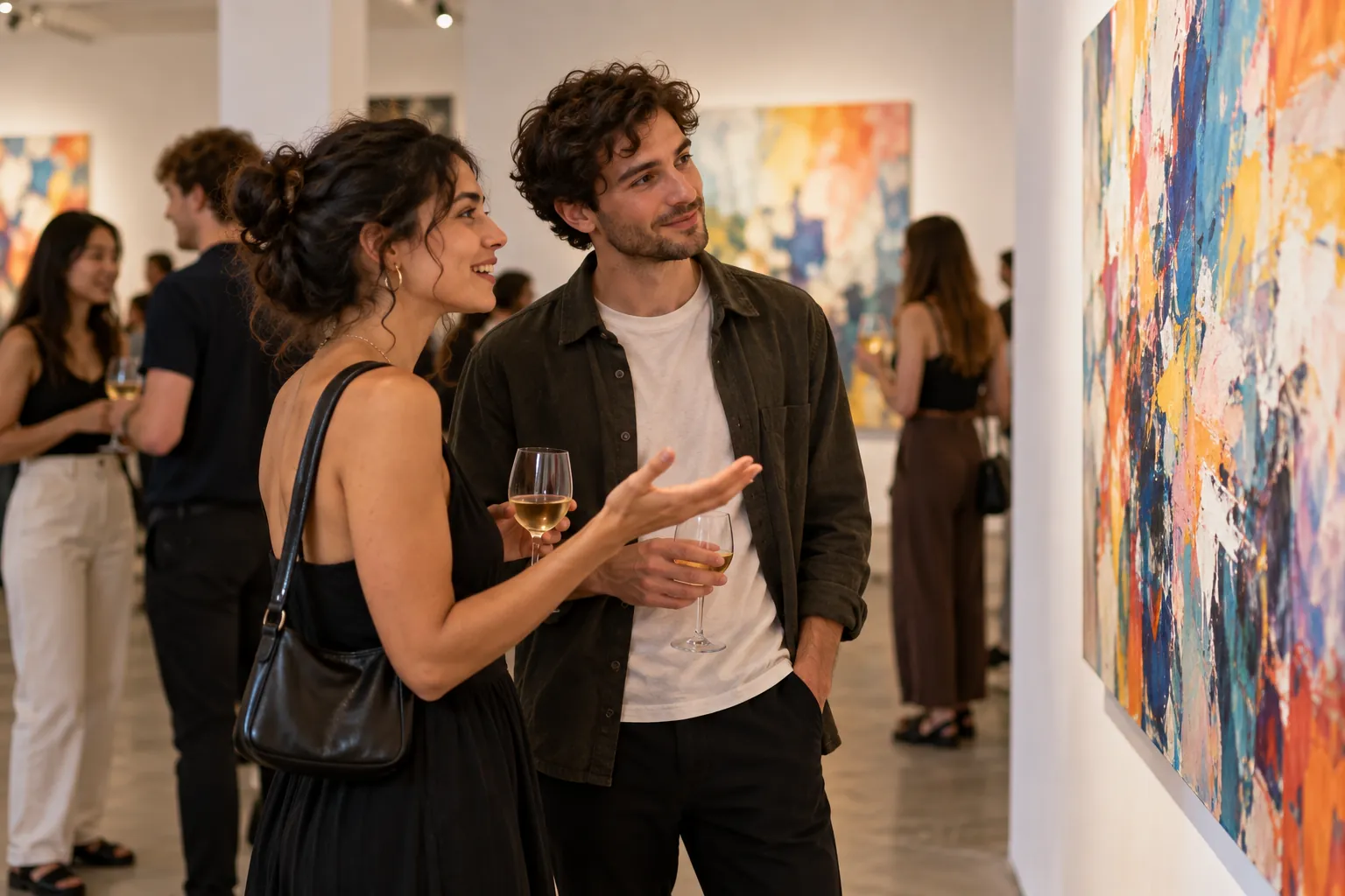 Illustration: Two young adults talk about an abstract painting during a friendly gallery-night mixer.