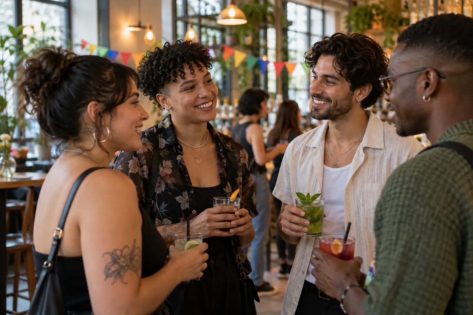 Illustration: Young adults chat together at a welcoming LGBTQ+ singles mixer in a cafe.