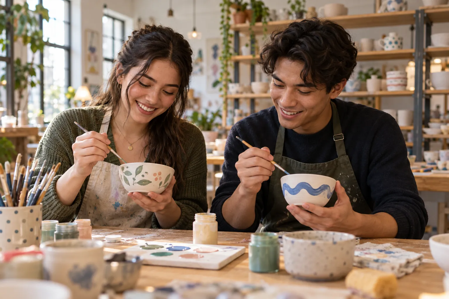 Illustration: Two young adults paint ceramic bowls together at a bright community art studio.