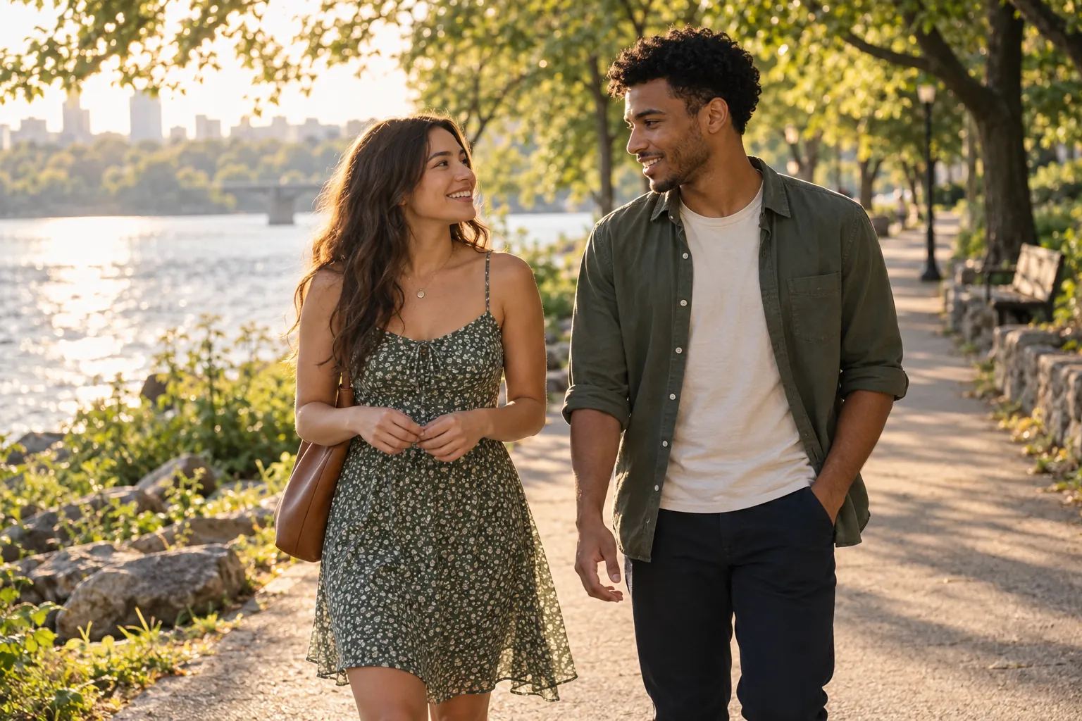 Illustration: A young adult couple walks and talks beside a tree-lined river path in a public park.