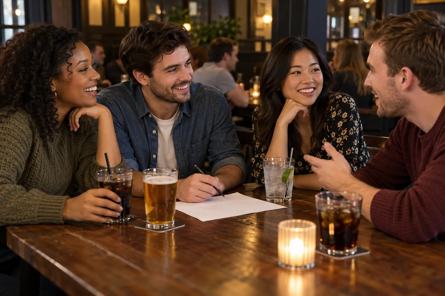 Two young adult couples enjoy a friendly conversation at a casual trivia table.