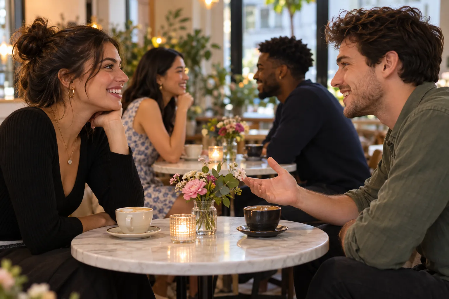 Illustration: Young adults take turns chatting over coffee at a friendly cafe speed-dating evening.