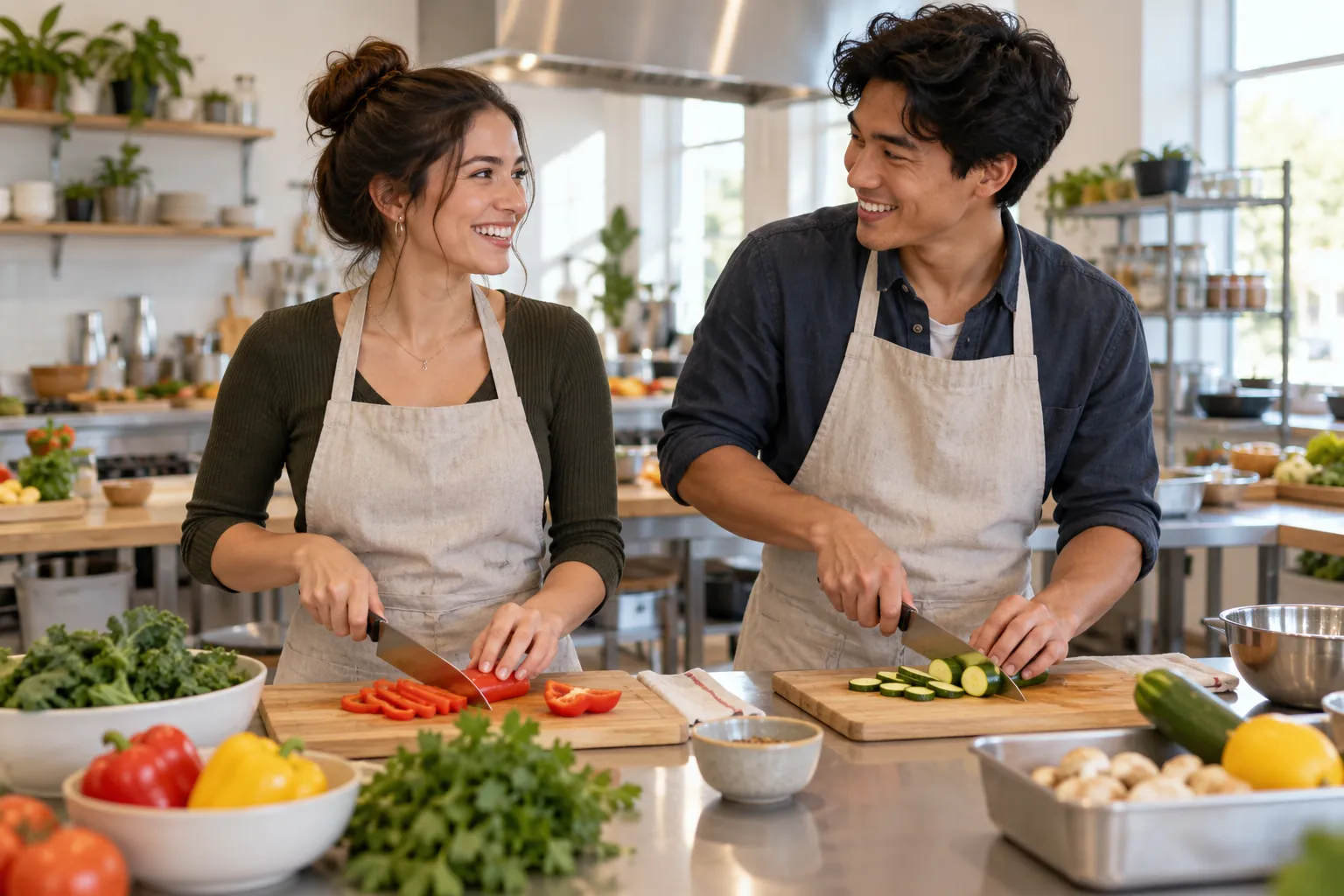 Illustration: Two young adults prepare vegetables together during a relaxed community kitchen date.