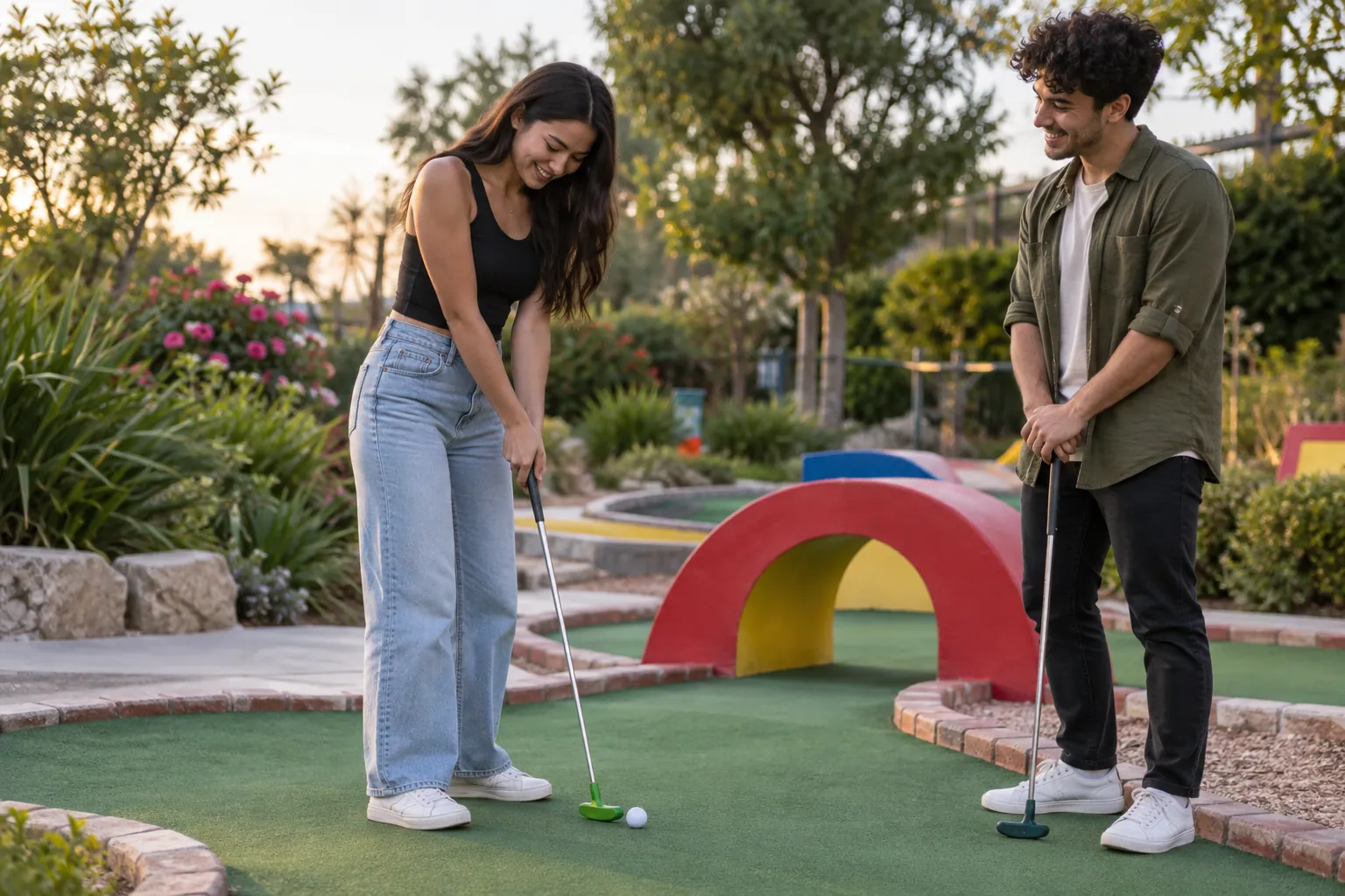 Illustration: Two young adults enjoy a mini-golf date on a colorful outdoor putting course.