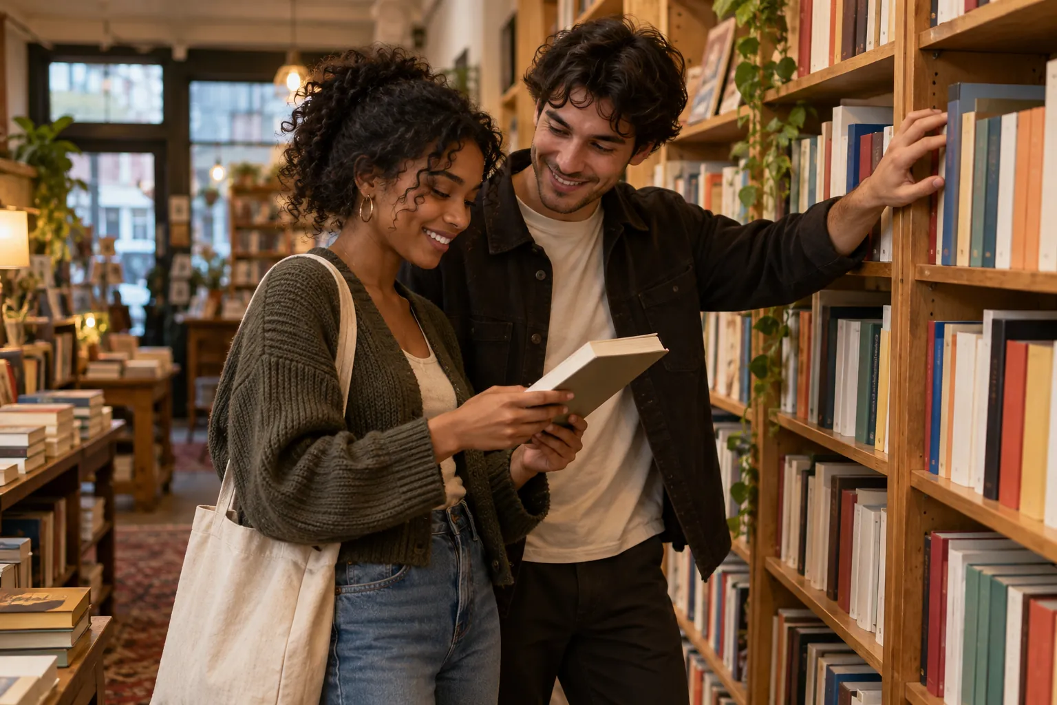 Illustration: Two young adults browse a bookstore together and share a book recommendation.