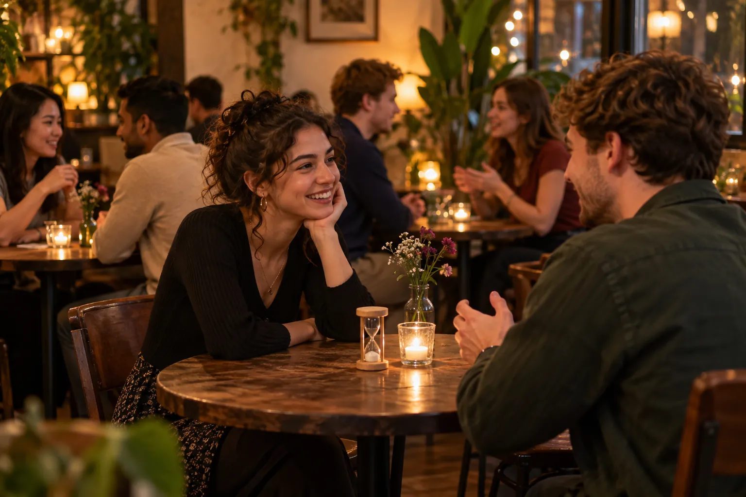Illustration: Young adults take part in speed dating at small café tables with a plain sand timer.