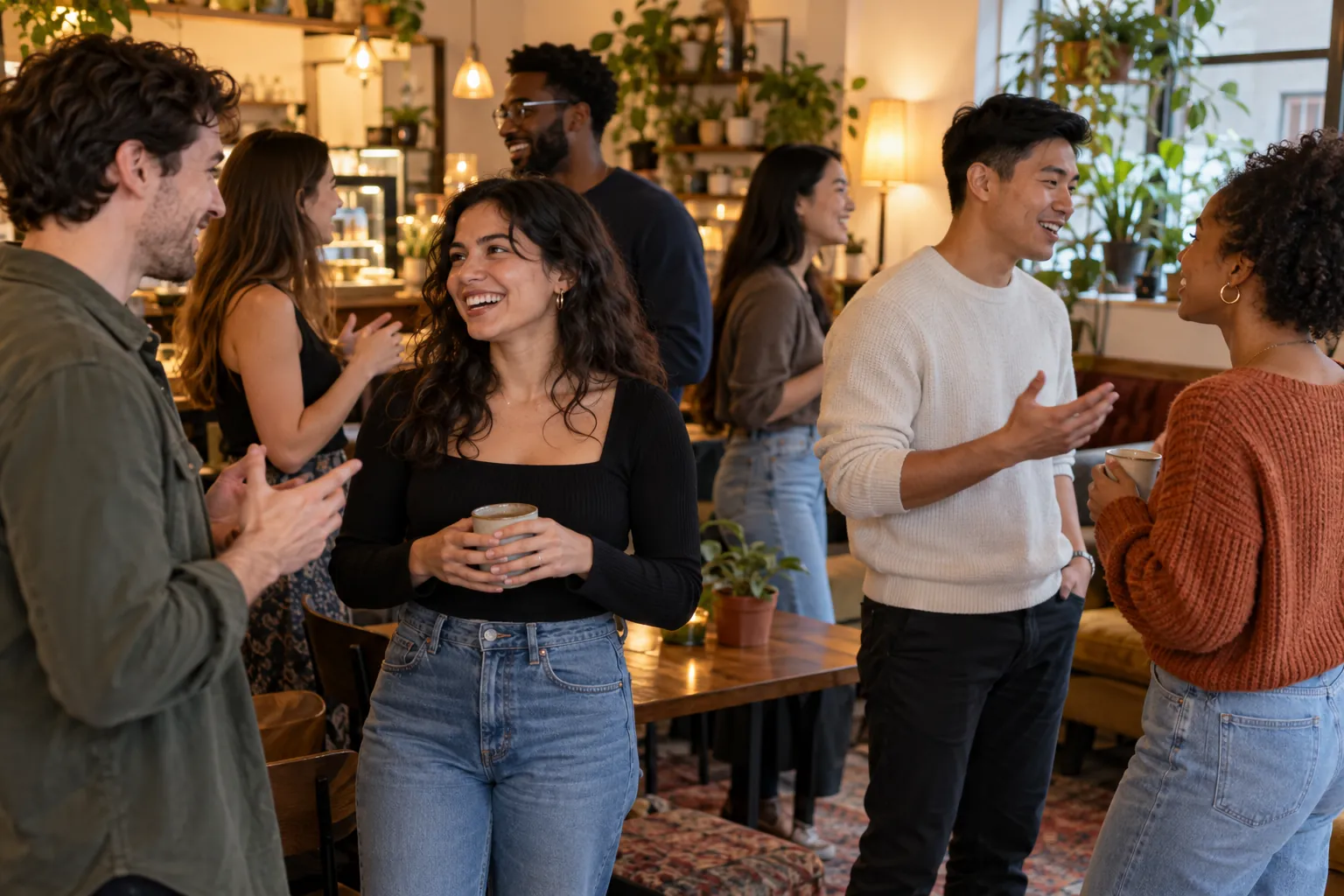 Illustration: Young adults take part in friendly singles mixer in a cozy bar.