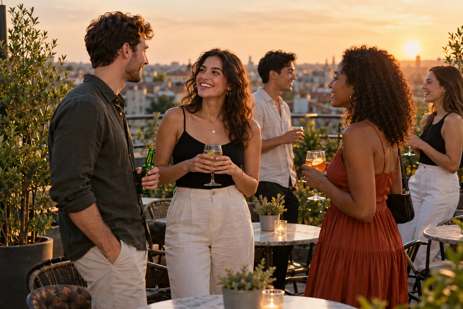 Illustration: Young adults take part in singles mixer on a rooftop at sunset.