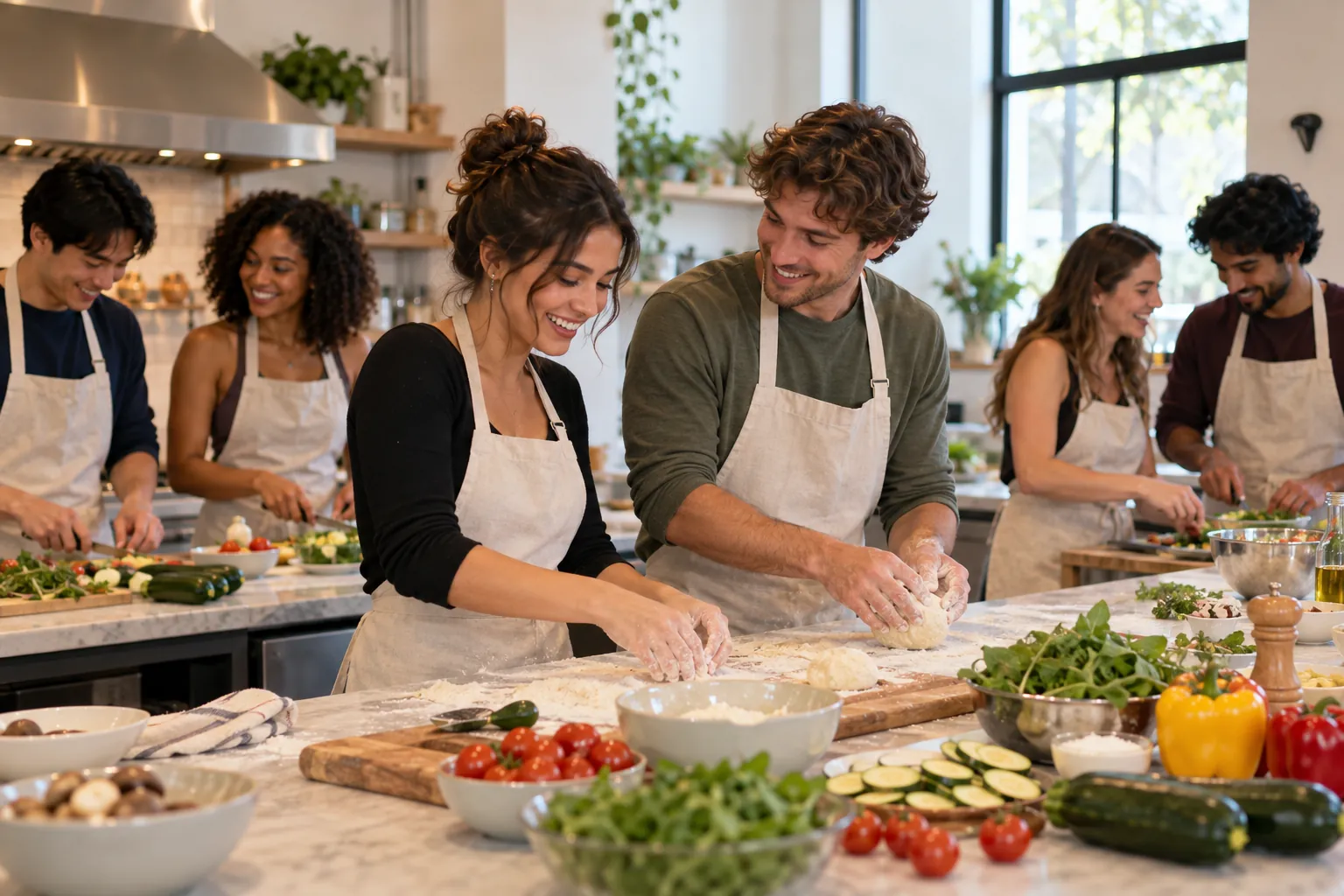 Illustration: Young adults take part in paired cooking-class activity mixer.
