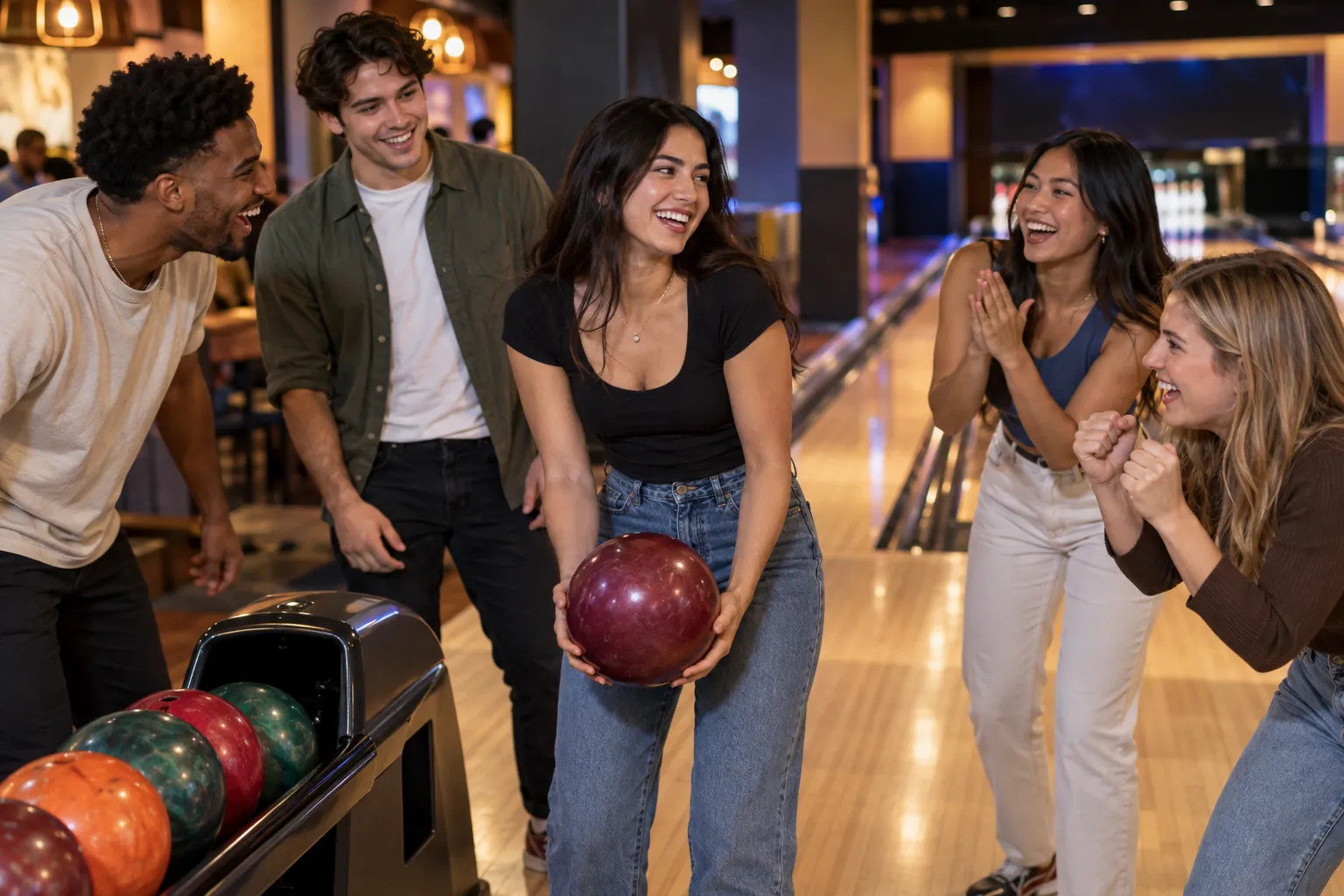 Illustration: Young adults take part in singles bowling social with people chatting between turns.