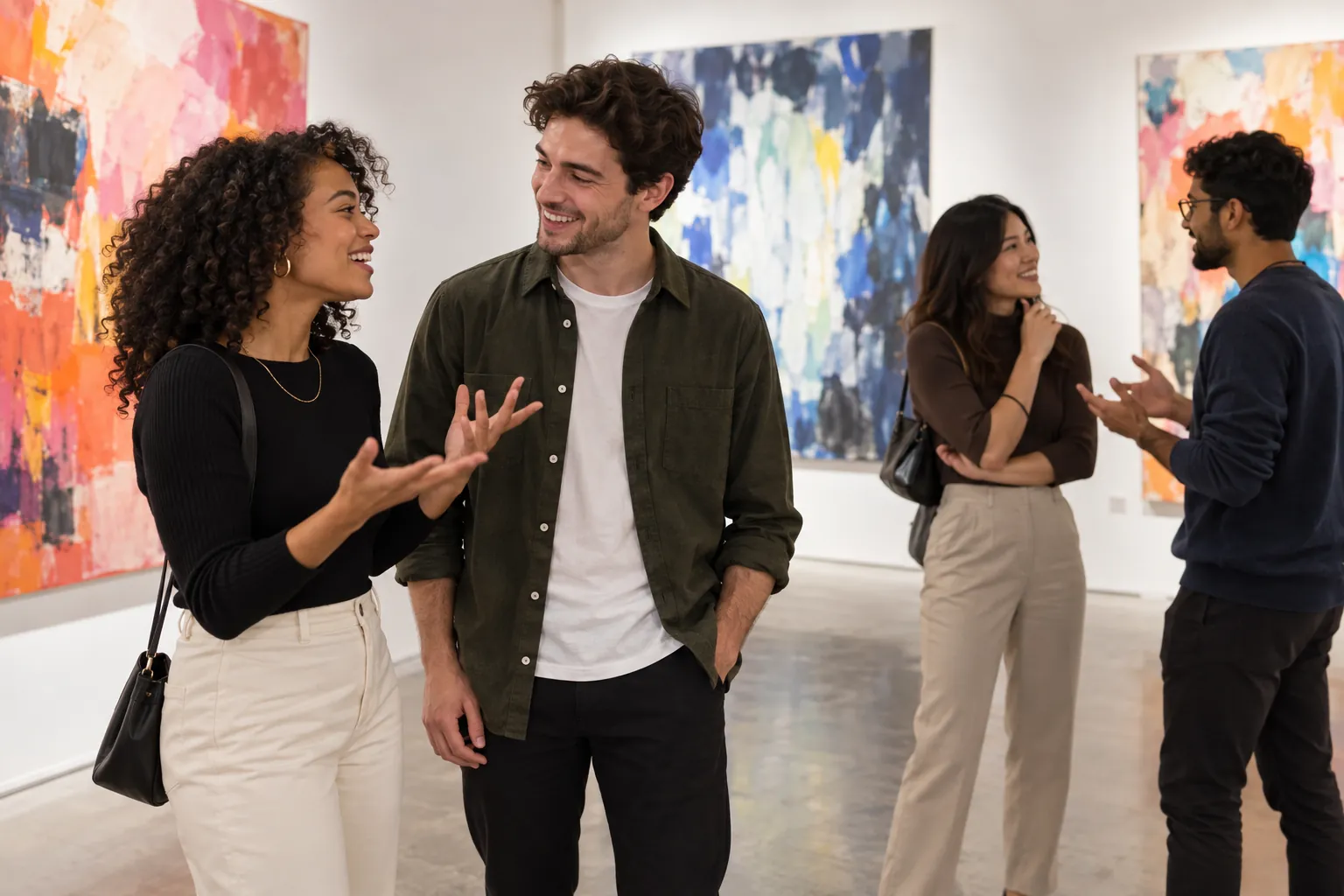 Illustration: Young adults take part in gallery-night mixer with people talking about art.