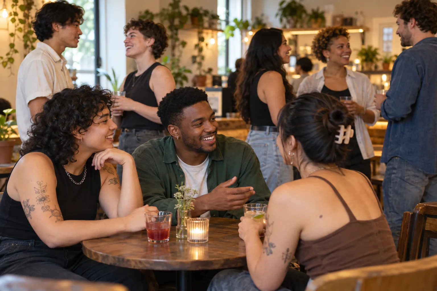 Illustration: Young adults take part in welcoming LGBTQ+ singles mixer.