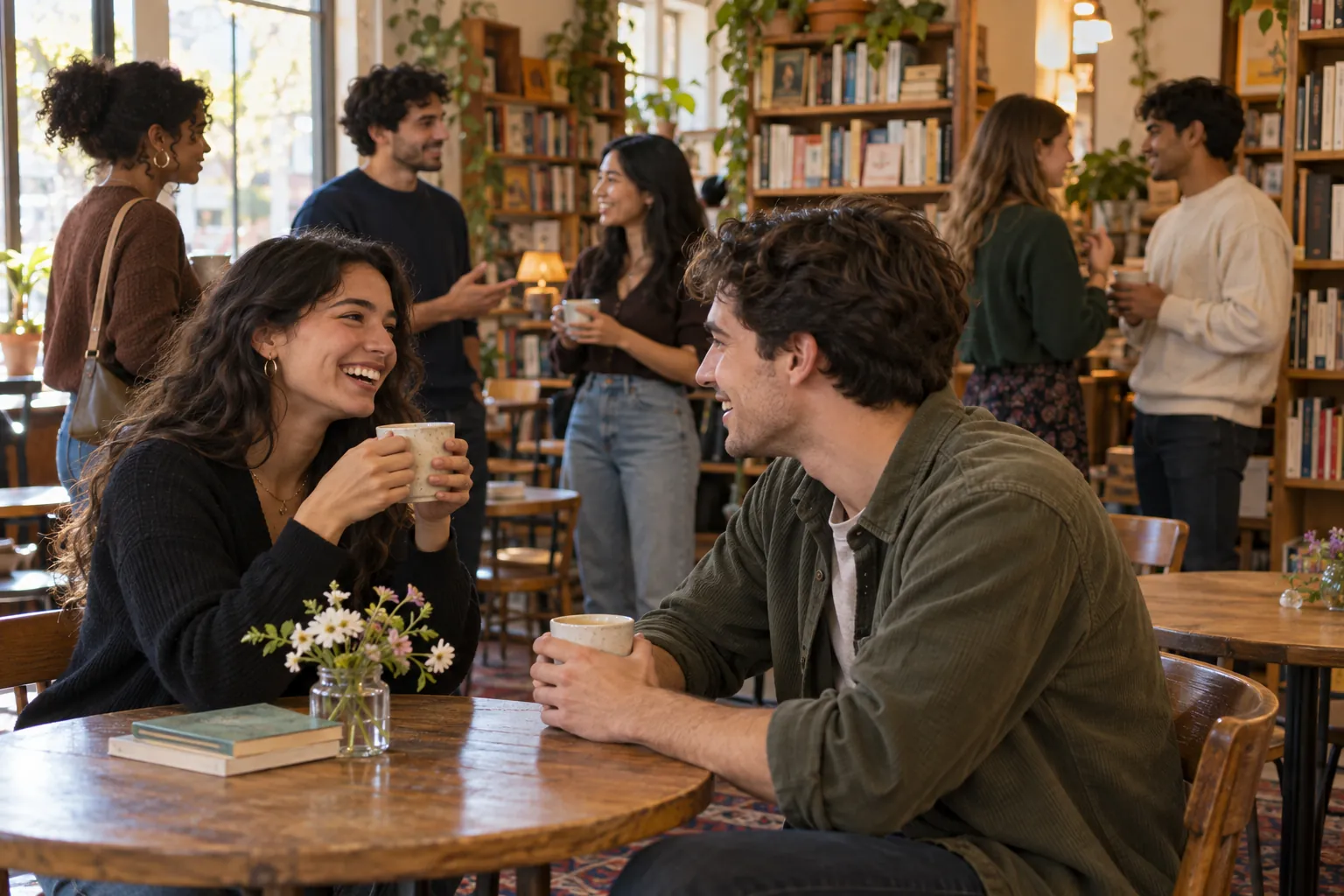 Illustration: Young adults take part in friendly singles mixer in a cozy bar.