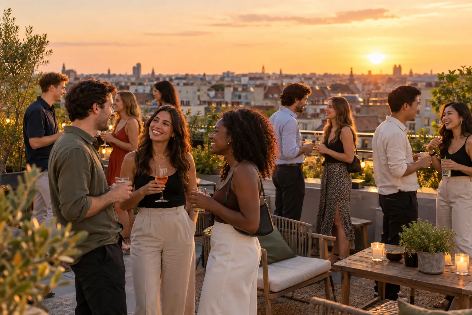 Illustration: Young adults take part in singles mixer on a rooftop at sunset.