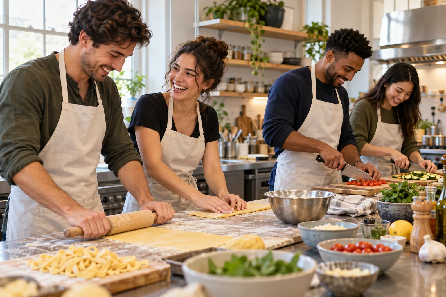 Illustration: Young adults take part in paired cooking-class activity mixer.